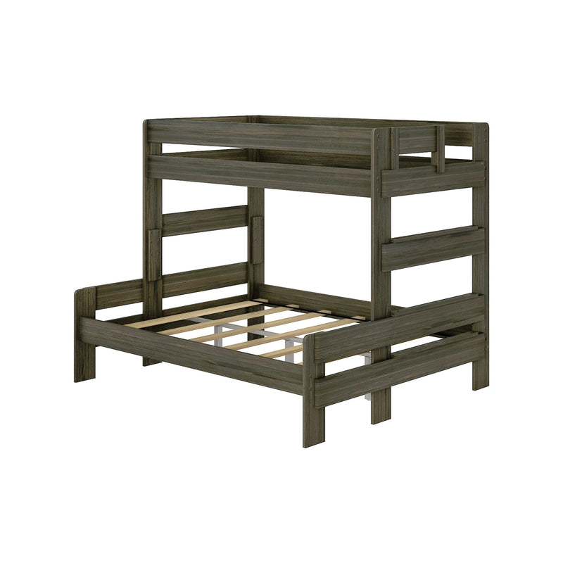 Gray wood twin-over-full bunk bed frame with slatted platform support, integrated guardrails and ladder, space-saving kids bedroom furniture