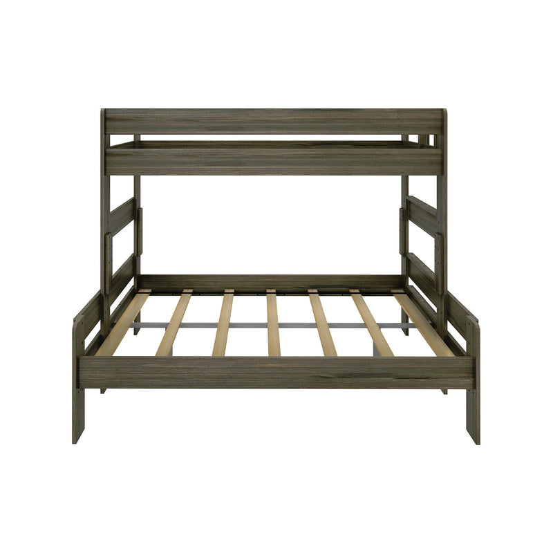 Gray wood twin-over-full bunk bed frame with slatted platform bases and safety rails, modern space-saving bedroom furniture
