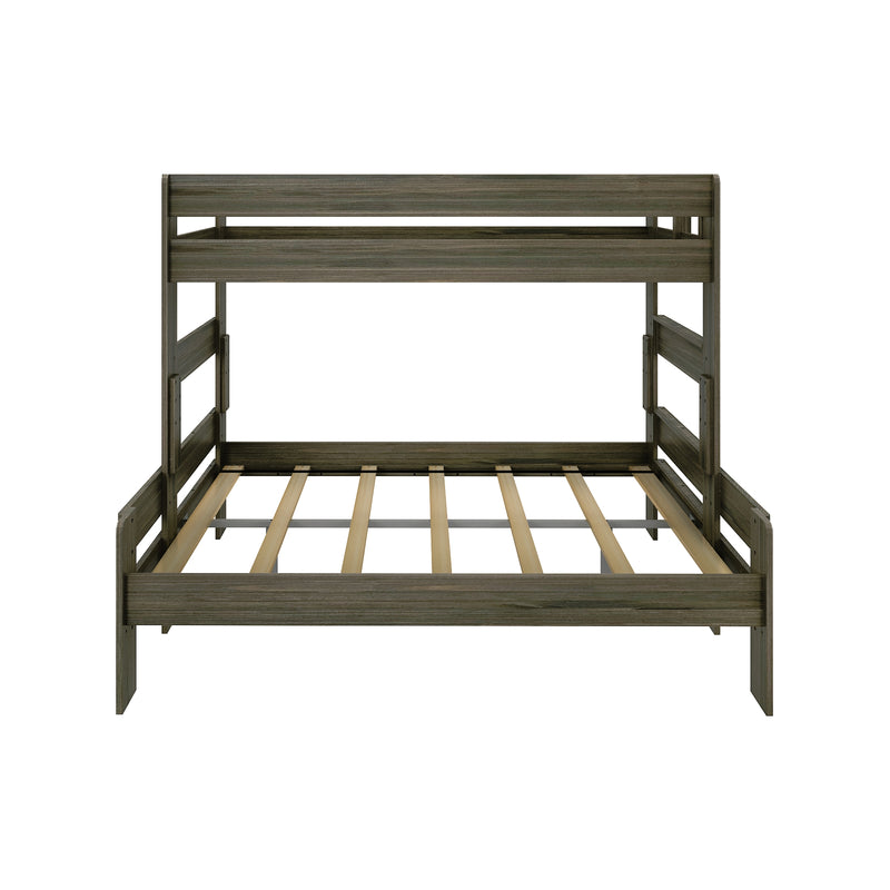Gray wood bunk bed frame with slatted mattress support and safety guardrail, modern children's loft-style