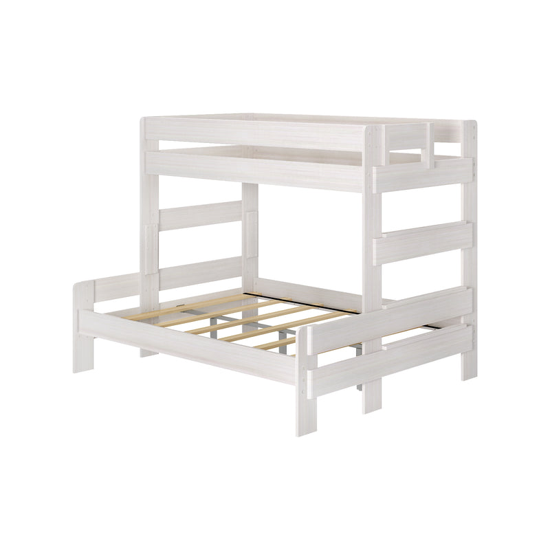 Whitewashed wooden loft bed frame with upper guardrails and slatted mattress support, space‑saving twin‑over‑full bunk design for children's bedroom