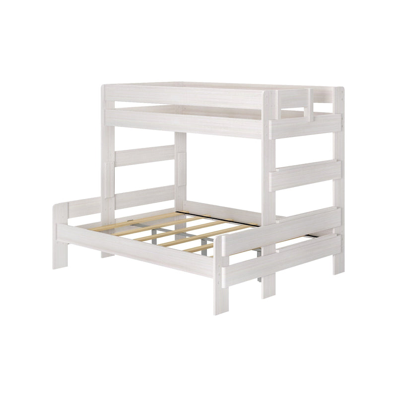 Whitewashed wooden loft bed frame with upper guardrails and slatted mattress support, space‑saving twin‑over‑full bunk design for children's bedroom