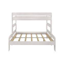 White wooden bunk bed frame with slats, ideal for maximizing space in bedrooms.
