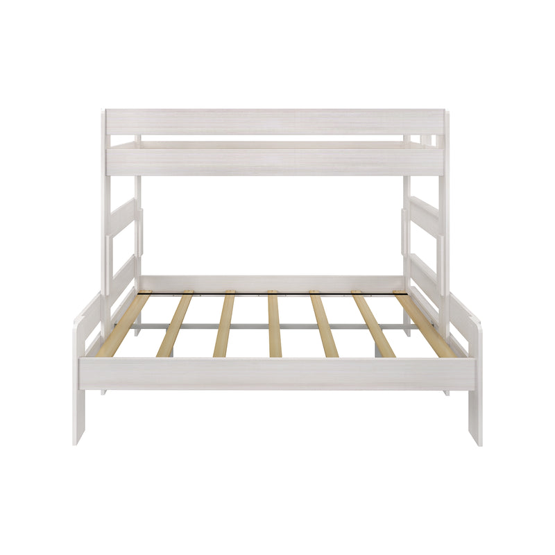 White wooden loft bed frame with slatted mattress support, space-saving twin loft bunk for kids and small bedrooms