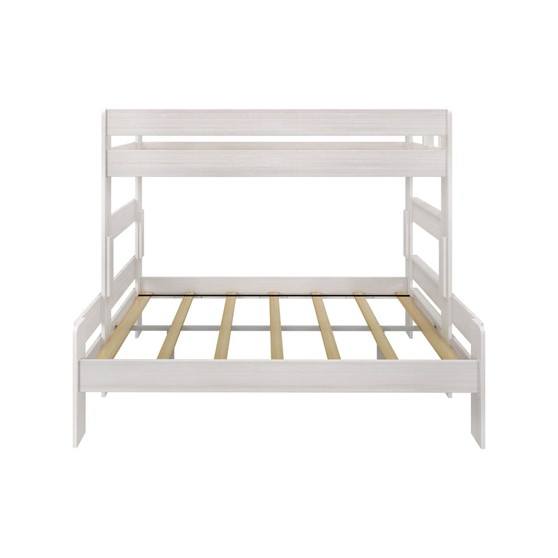 White wooden loft bed frame with slatted mattress support, space-saving twin loft bunk for kids and small bedrooms