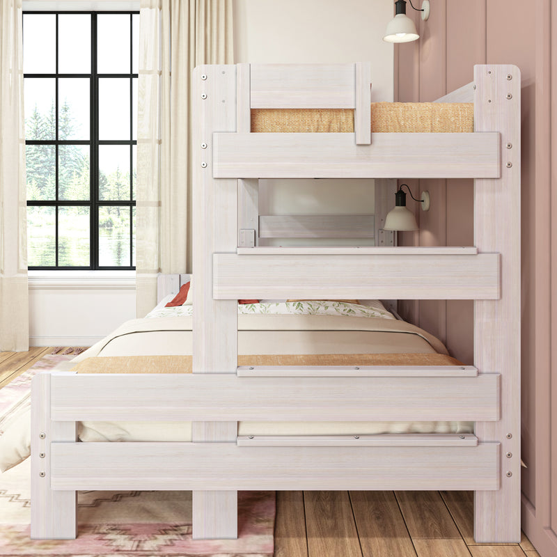 Whitewashed wooden bunk bed with woven mattress, bedside wall lamp and large grid window in a cozy pastel kids' bedroom