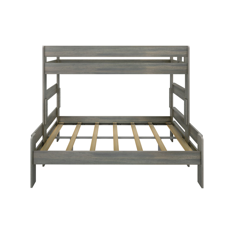 Gray wooden bunk bed frame with slatted mattress supports, top guardrail and ladder-style sides, modern farmhouse space-saving design