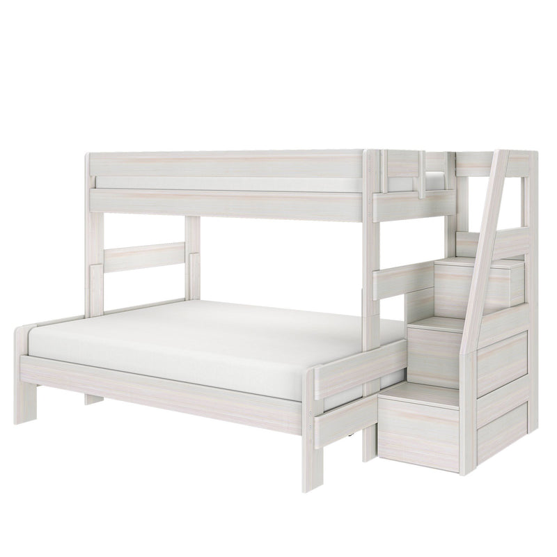 White wood twin-over-full bunk bed with staircase drawers and built-in storage, modern space-saving kids' bed frame