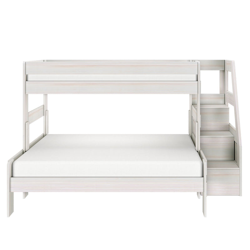 Whitewashed wooden twin-over-full loft bed with built-in staircase and storage drawers, modern kids bunk bed frame