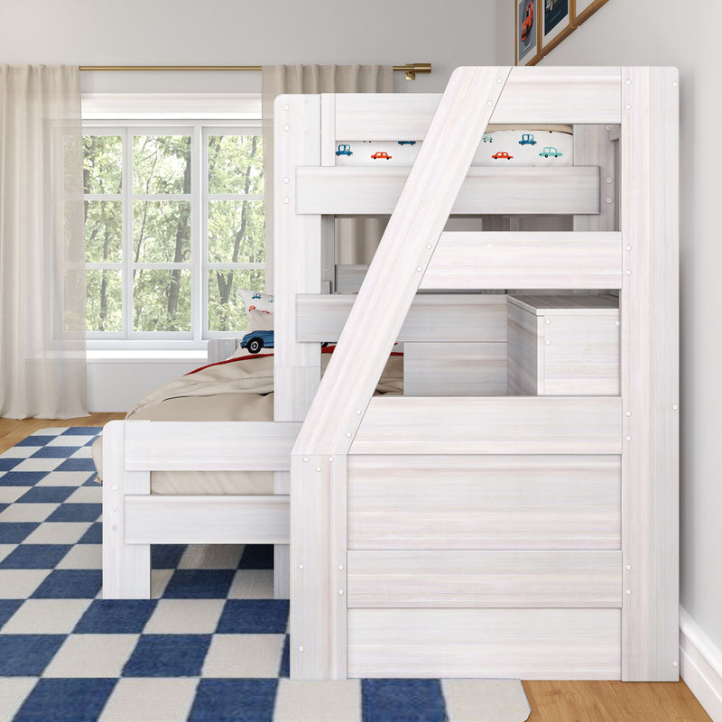 White wooden bunk bed in bright children's bedroom with blue checkered rug, large window, neutral bedding and built-in storage