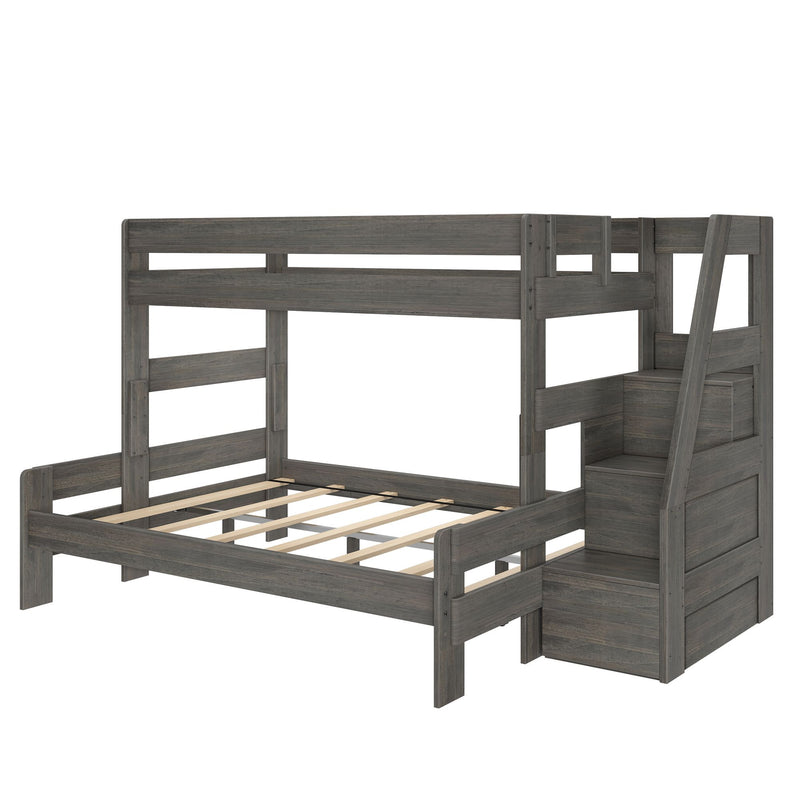 Gray wooden bunk bed with full-size lower bed and twin loft, built-in staircase storage, slatted mattress support, rustic finish