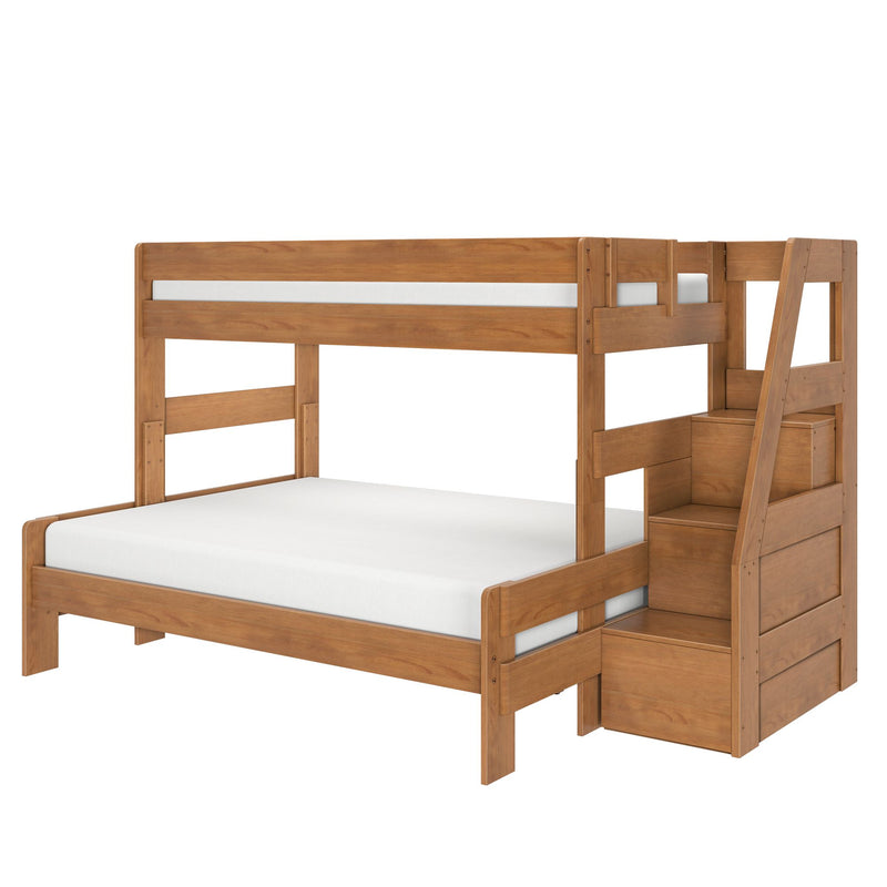 Solid wooden twin-over-full bunk bed with built-in staircase drawers and under-bed storage in warm natural wood finish, children's loft bed