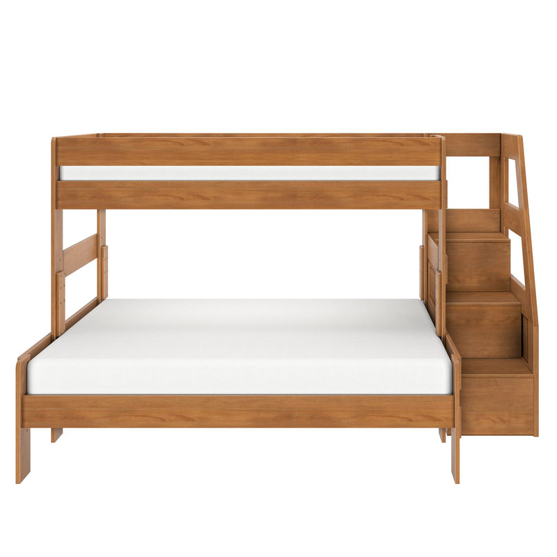 Twin-over-full solid wood bunk bed with built-in storage stairs, white mattresses and natural oak finish — space-saving bedroom furniture