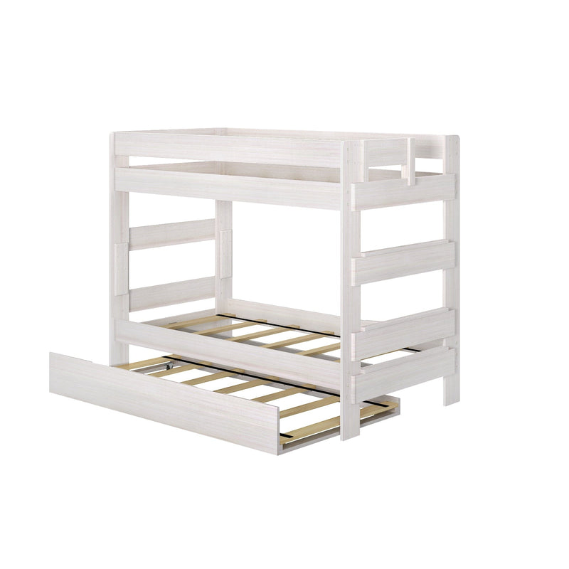 Whitewashed wooden twin-over-twin bunk bed with pull-out trundle, slatted mattress supports and guard rails for kids' bedroom