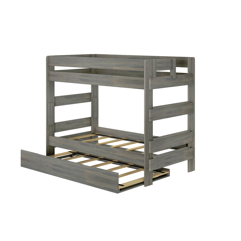 Rustic gray wooden bunk bed frame with upper guardrails, slatted mattress supports and pull-out trundle drawer