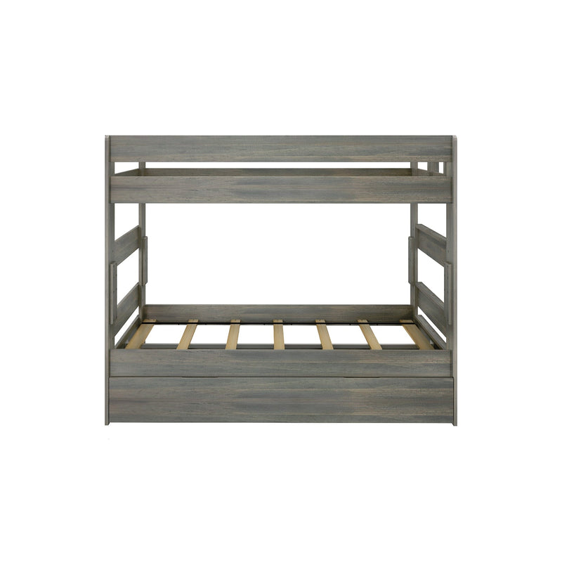 Grey wooden bunk bed frame with upper guardrail and lower slatted mattress support, modern farmhouse finish