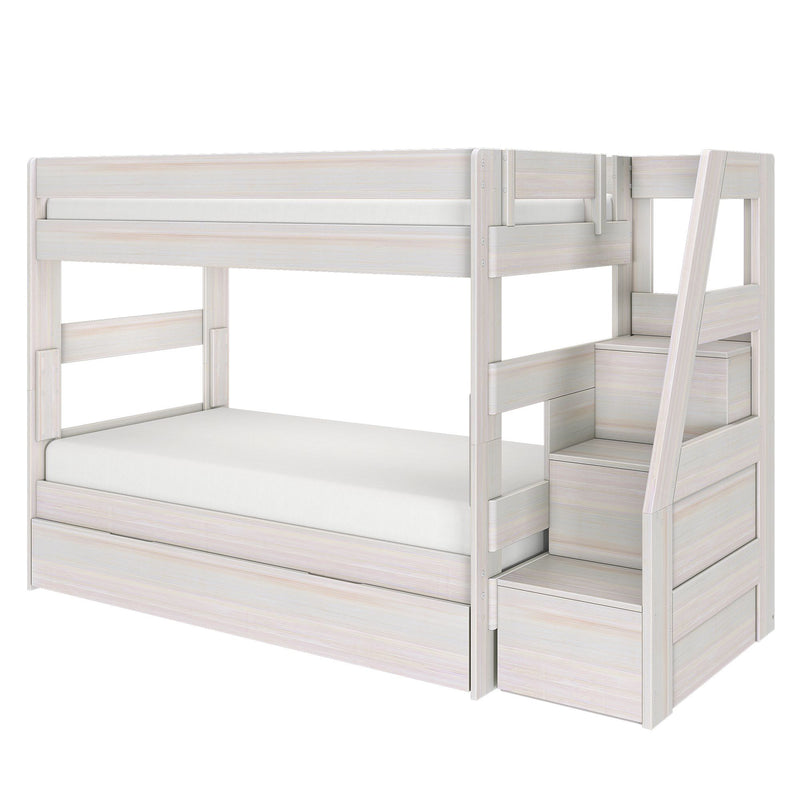 Whitewashed wooden twin-over-twin bunk bed with built-in storage stairs and under-bed trundle drawer, modern kids bedroom furniture