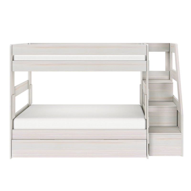 Whitewashed wood twin-over-full bunk bed with built-in storage staircase, pull-out trundle and safety rails, modern kids space-saving bedroom furniture