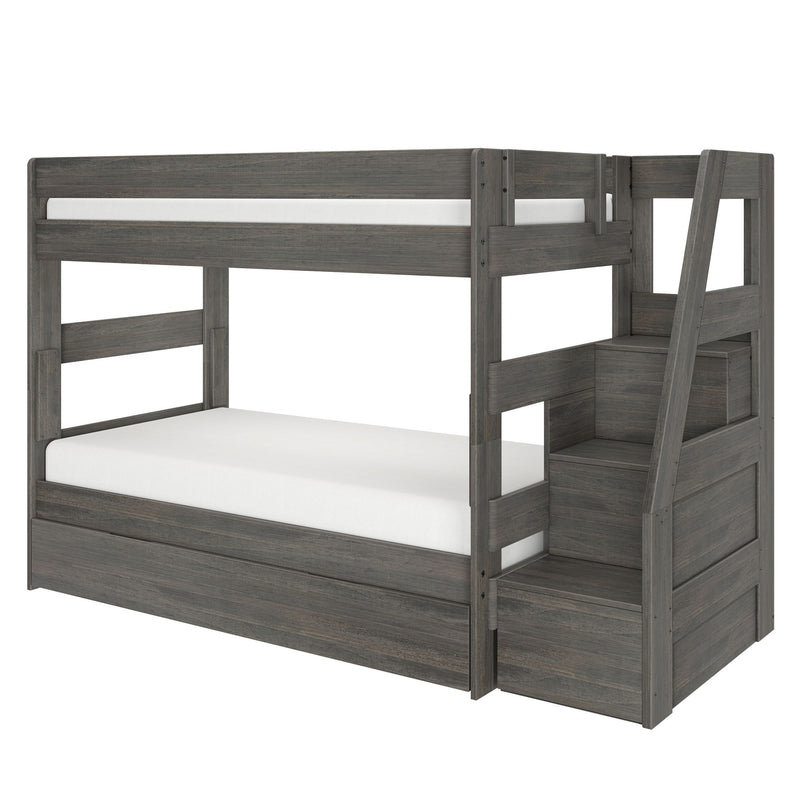 Gray wooden bunk bed with built-in staircase storage drawers, sturdy guardrails and under-bed storage in a rustic weathered finish