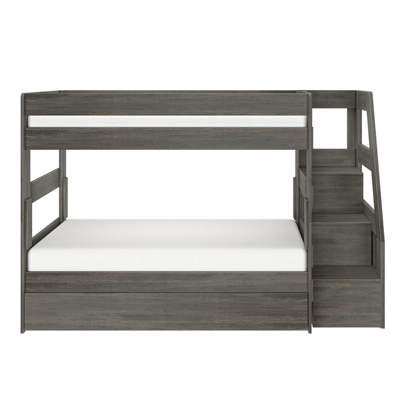 Gray wooden twin-over-full bunk bed with built-in staircase and storage drawers, modern space-saving platform bed for kids' bedrooms and guest rooms