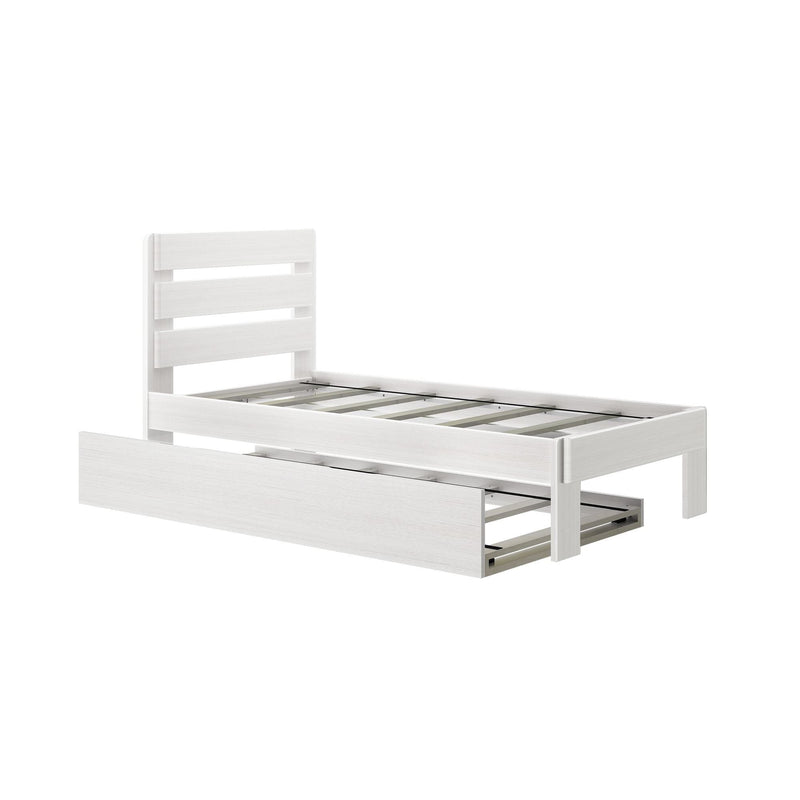 White wooden twin bed frame with slatted headboard and pull-out under-bed storage drawer, modern minimalist bedroom furniture