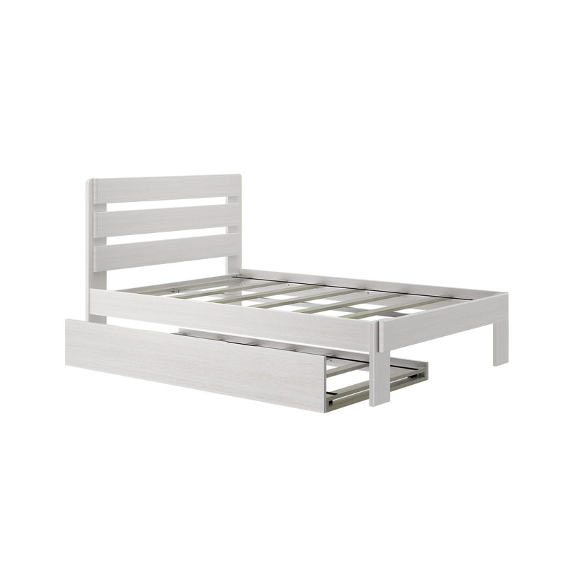 White wooden platform bed frame with slatted headboard and pull-out underbed storage drawer, modern minimalist bedroom furniture