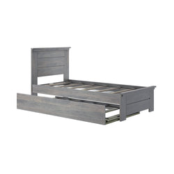 Gray wooden bed frame with storage drawer for modern bedroom furniture.