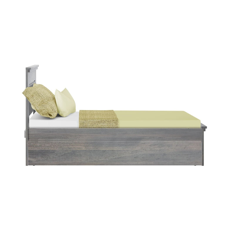 Side view of a modern gray wooden twin bed with light green pillows, textured throw and matching green bedding on a white background