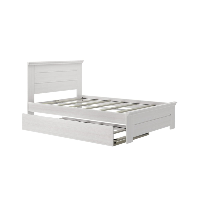 White wooden platform bed frame with panel headboard, slatted mattress support and built-in under-bed storage drawer, modern farmhouse bedroom furniture