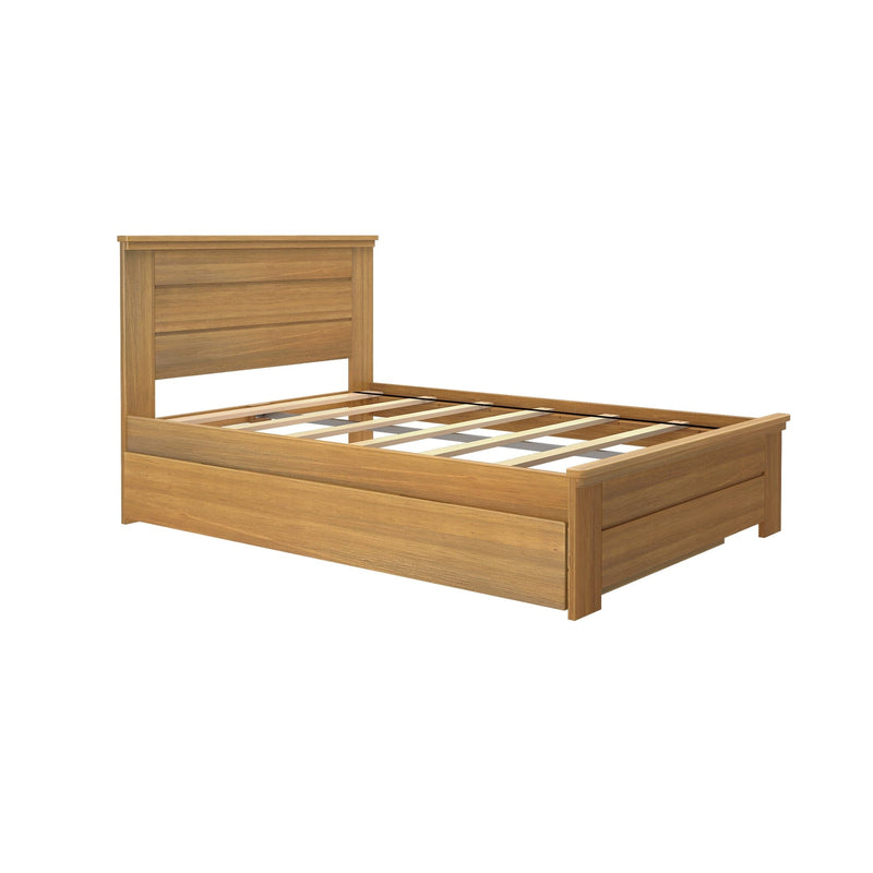 Modern wooden bed frame with slatted base and paneled headboard in natural oak‑tone finish
