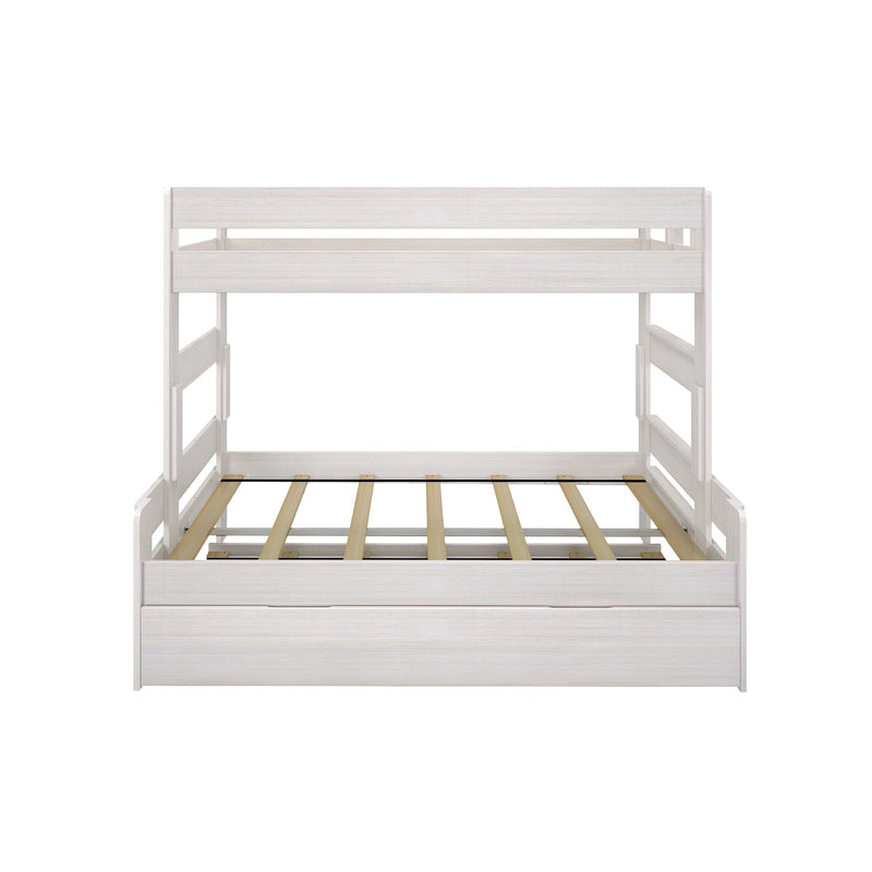 White wooden loft-style bed frame with guardrails, wooden slatted mattress platform and under-bed storage drawer, modern bedroom furniture
