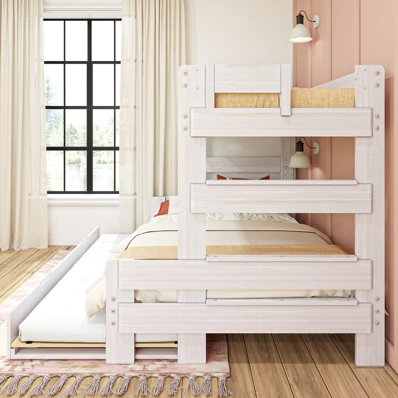 White wooden bunk bed with pull-out trundle in a bright modern kids’ bedroom with beige curtains, hardwood floor, and wall sconce