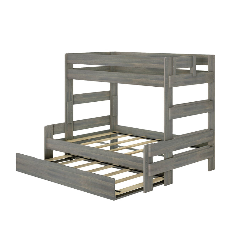 Gray wooden twin-over-twin bunk bed frame with slatted mattress supports and top guardrails, modern farmhouse children's loft-style design