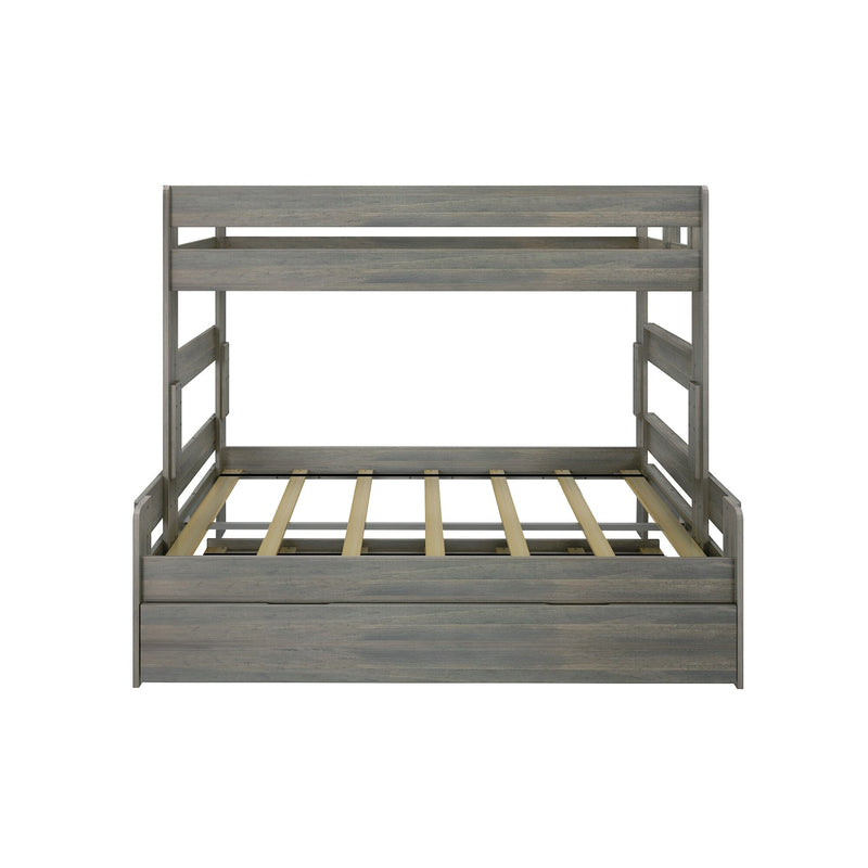 Gray wooden loft bunk bed frame with slatted mattress support, guardrails and built-in under-bed storage drawer — modern farmhouse bedroom furniture