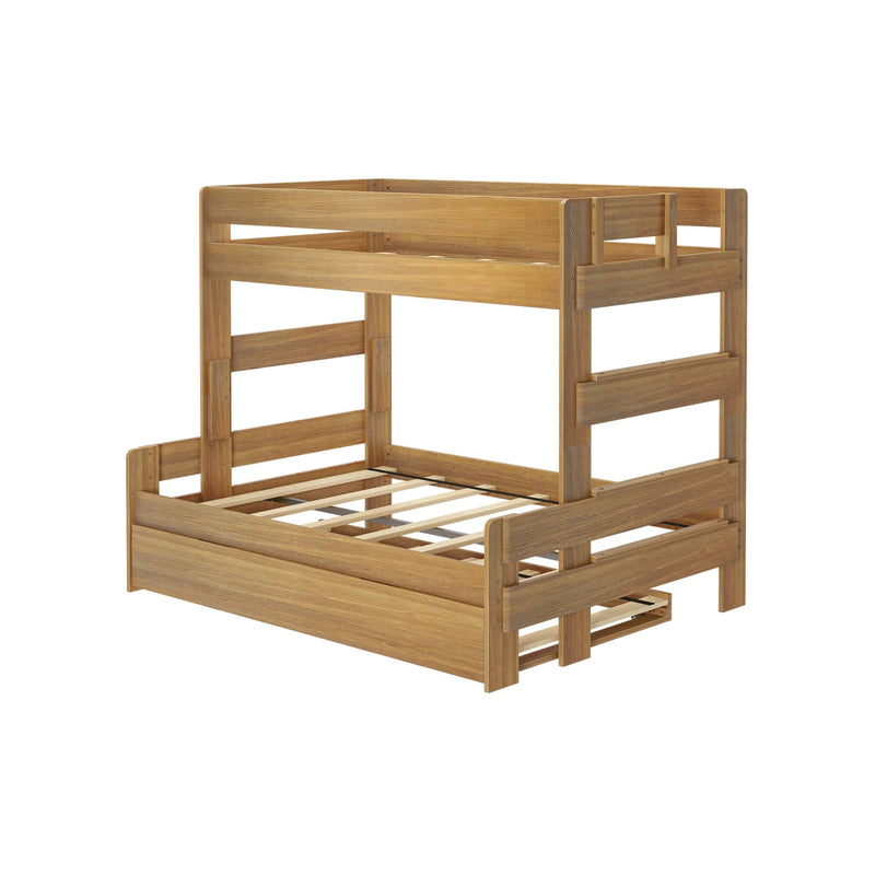 Solid wood bunk bed frame with upper guardrail, slatted mattress platforms, and natural oak finish