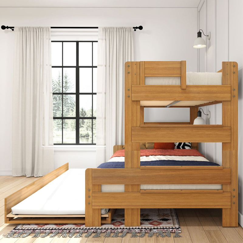 Natural wood bunk bed in bright kids' bedroom with white curtains, black-framed window, wall sconce and patterned rug