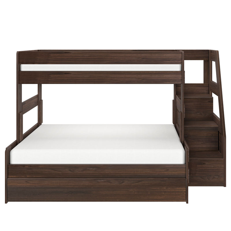 Wooden twin-over-full bunk bed in dark walnut finish with built-in staircase and white mattresses, space-saving loft design