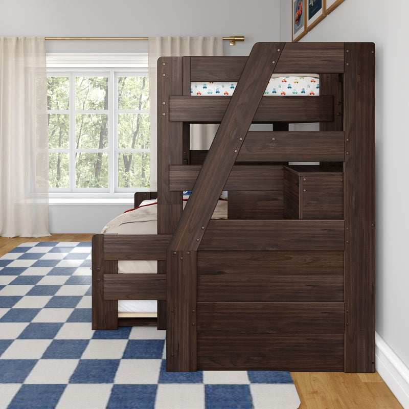 Dark walnut bunk bed with angled ladder and built-in storage in children's bedroom, blue checkered rug, window with sheer curtains and car-print bedding