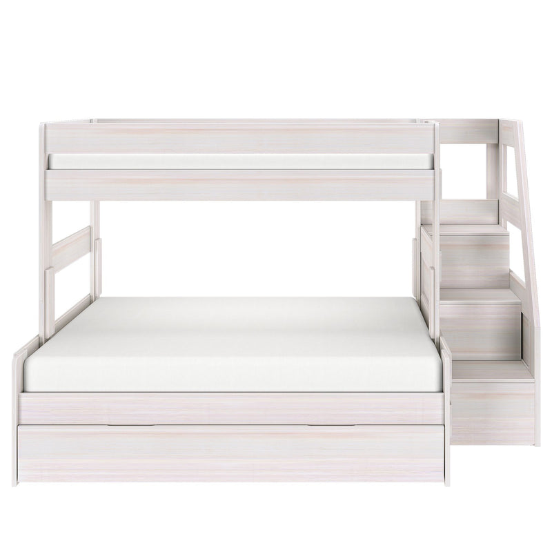 White wooden loft bunk bed with built-in staircase and under-bed storage drawers, space-saving kids bedroom furniture with white mattresses