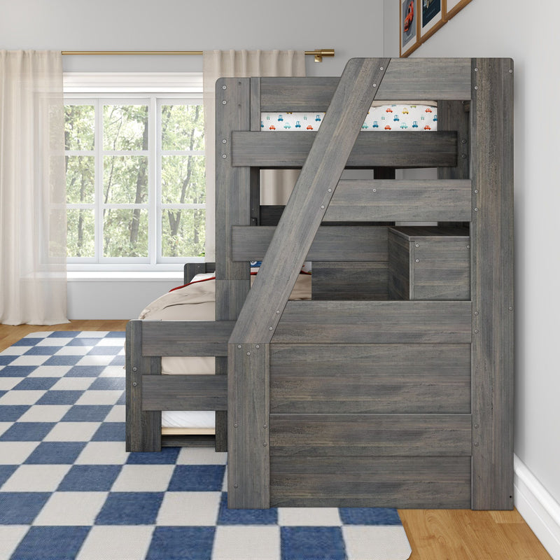 Gray wooden bunk bed with ladder and built-in storage in a bright kids' bedroom with blue checkered rug and sheer window curtains