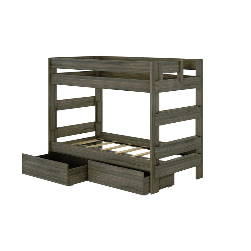 Twin-over-full wooden bunk bed in gray oak finish with top guardrail, slatted mattress supports and under-bed pull-out storage drawers for kids' bedrooms