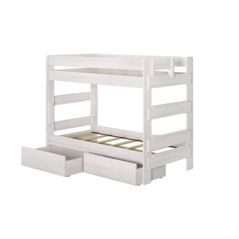 White wooden twin-over-twin loft bunk bed with safety rails, slatted mattress support and under-bed storage drawers, space-saving kids bedroom furniture