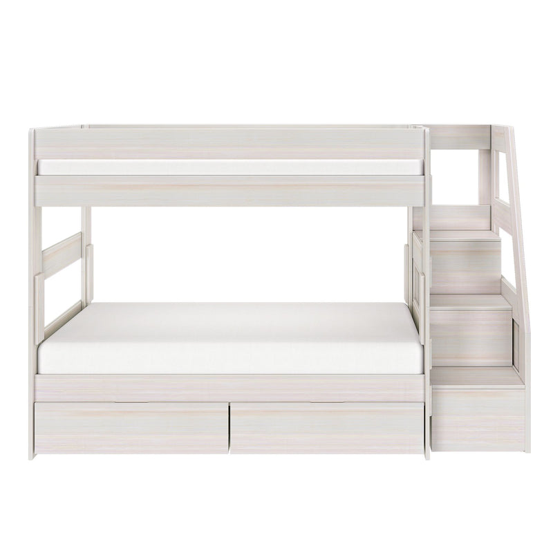 Modern white wooden bunk bed with built-in staircase, integrated under-bed storage drawers and minimalist loft-style design for kids' bedroom