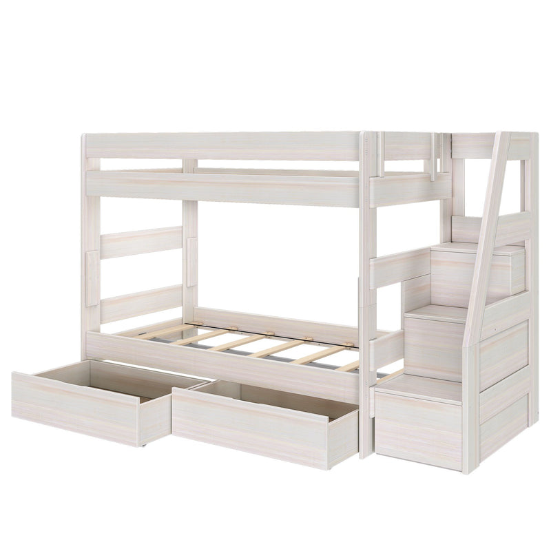 White wooden twin-over-twin bunk bed with built-in staircase and under-bed storage drawers, space-saving kids' bedroom furniture