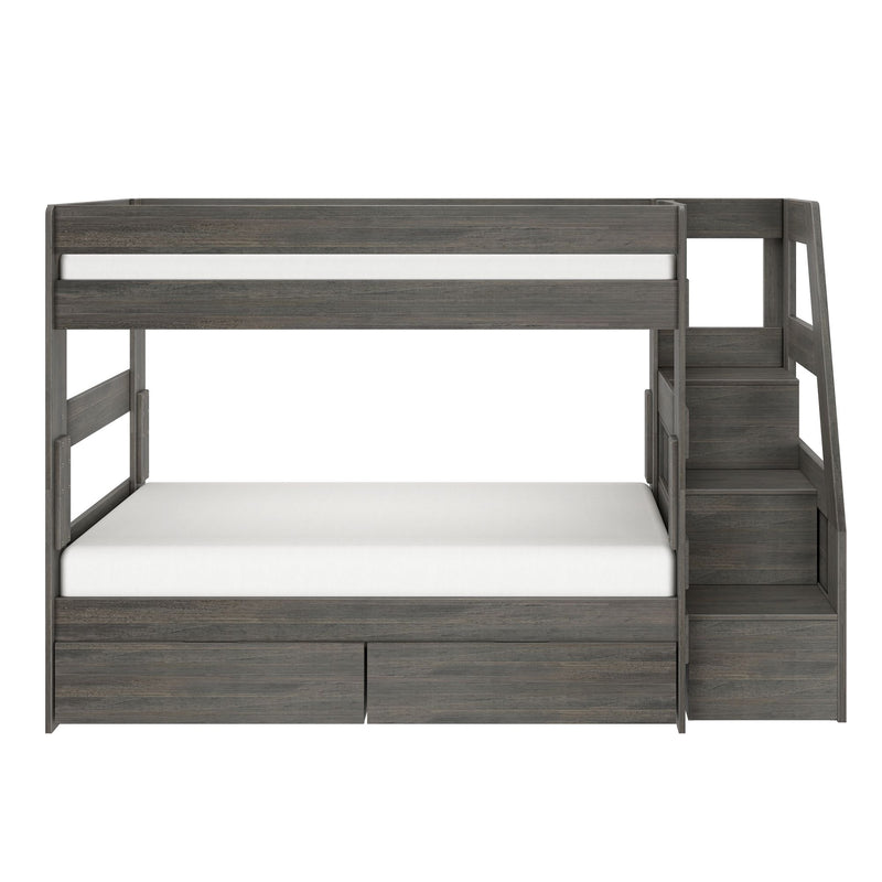 Gray wooden bunk bed with right-side storage staircase, under-bed drawers and white mattresses — modern space-saving kids' bedroom furniture