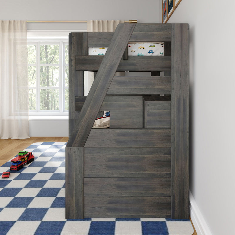 Kids gray wooden loft bunk bed in modern bedroom with blue checkered rug, toy cars, sheer curtains and car-print bedding