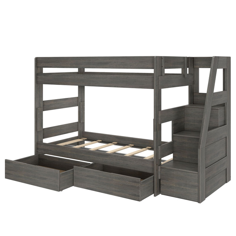 Gray wooden loft bunk bed with built-in staircase and storage drawers, slatted bed frame for kids' space-saving bedroom