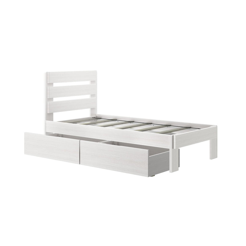 White wooden twin/single bed frame with slatted headboard and under-bed storage drawers, modern minimalist kids' bedroom furniture