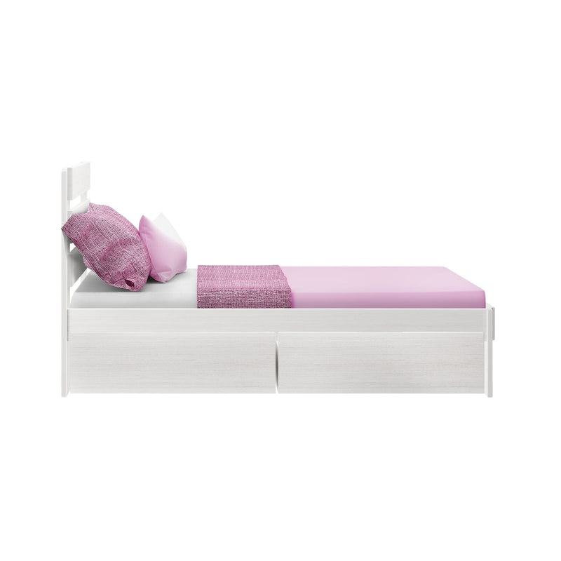 White single wooden bed with pink fitted sheet, textured pink throw and pillows, two under-bed storage drawers on white background