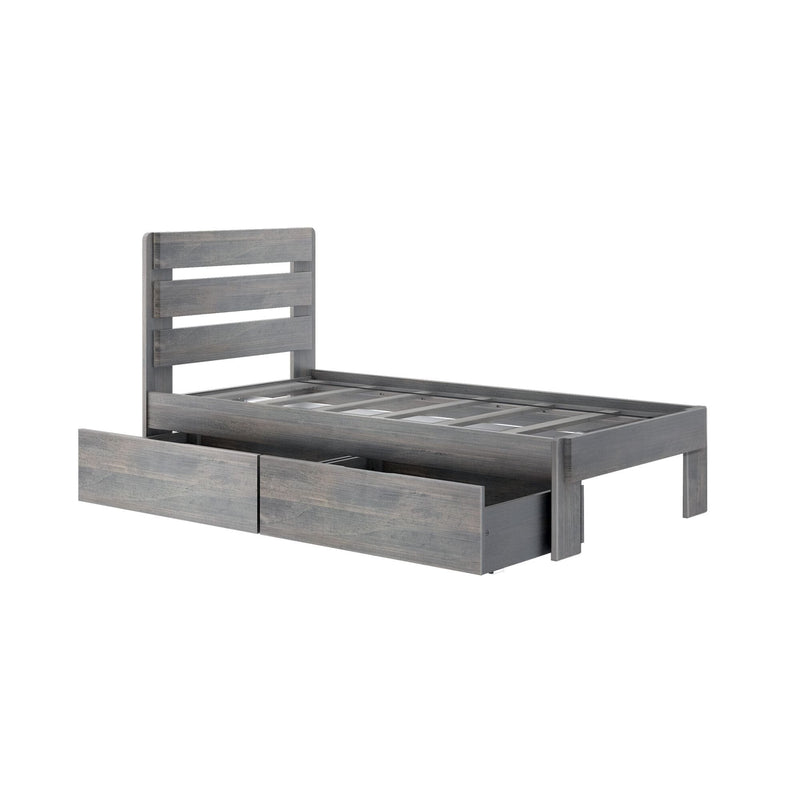 Gray wooden platform storage bed with slatted headboard and two under-bed drawers, rustic finish