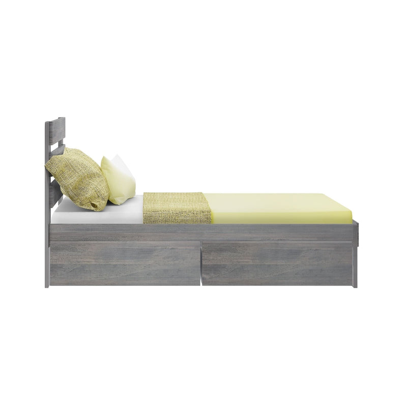 Side view of modern grey wooden bed frame with yellow textured bedding and pillows, plus built-in underbed storage drawers